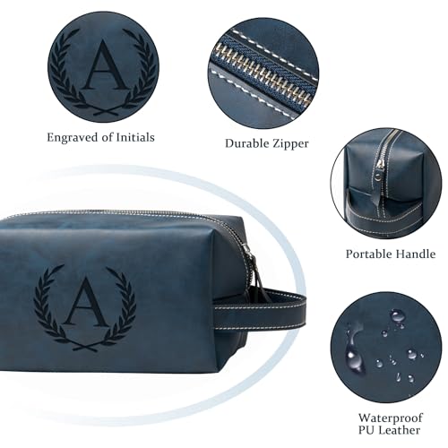 Personalized Gifts Travel Toiletry Bag for Men Engraved Initial PU Leather Waterproof Shaving Bag for Toiletries Accessories Fathers Day Birthday Gift for Men Dad Husband Son, Dark Blue F - color: Dark Blue, style: F