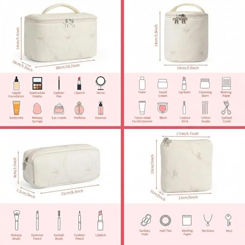 4Pcs Quilted Makeup Bag Set, Cute Bowknot Puffy Makeup Bag Toiletry Bag w/ Bow Zipper Travel Essentials Large Water-Resistant Travel Makeup Bag Versatile Cosmetic Organizer Pouch for Women Girls - color: Beige