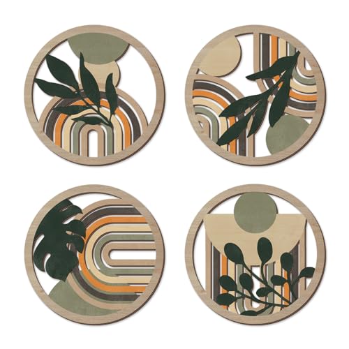 TOARTi 4Pieces Boho Botanical Wooden Wall Art Abstract Bohemian Hanging Sign Farmhouse Geometric Neutral Round Wall Decor Mid Century Minimalist Aesthetic Plant Artwork for Bedroom Living Room Office Decor - color: green