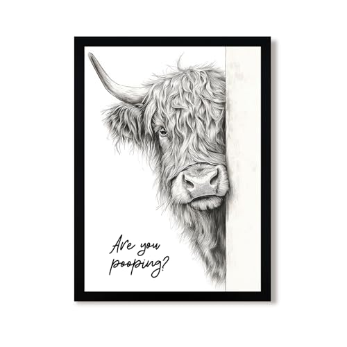 Urmoya Black and White Funny Highland Cow Bathroom Wall Art, Rustic Farmhouse Wall Decor with Humorous Are You Pooping Canvas Print, Cute Animal Art Prints Ready to Hang 12x16 Inch Wood Framed - color: Cow, size: 16"L x 12"W