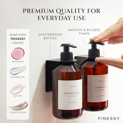 FINESSY Refillable Shampoo and Conditioner Dispenser Wall Bottles with Pump, Bathroom Body Wash Soap and Shampoo Dispenser for Shower Wall 3 Chamber No Drill, Shower Bottles Refillable with Labels - color: Luxe Amber