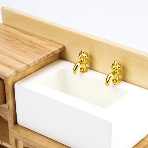 Dollhouse Sink 1/12 Scale Miniature Furniture Bathroom Mini Kitchen Sink with Cabinet Set Dolls House Wooden Accessory Doll Farmhouse Accessories