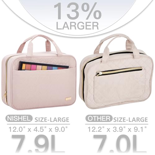 NISHEL Travel Toiletry Bag for women, Portable Hanging Organizer for Full-Sized Shampoo, Conditioner, Brushes Set, Makeup Accessories, Large Size, Pink - color: Pink, size: Large