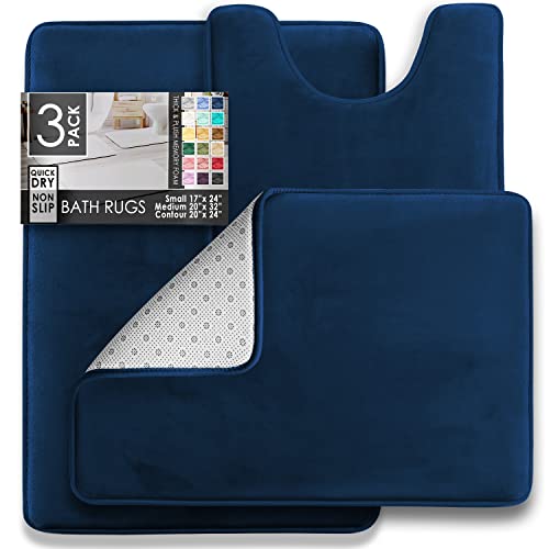 Clara Clark 3 Piece Bathroom Rugs Bath Mat Set, Velvet Memory Foam Bath Mats for Bathroom - Non-Slip, PVC Backing Bath Rugs, Washable - Dries Quickly, Blue - color: Blue, style: 17 x 24 + 20 x 32 + Contour