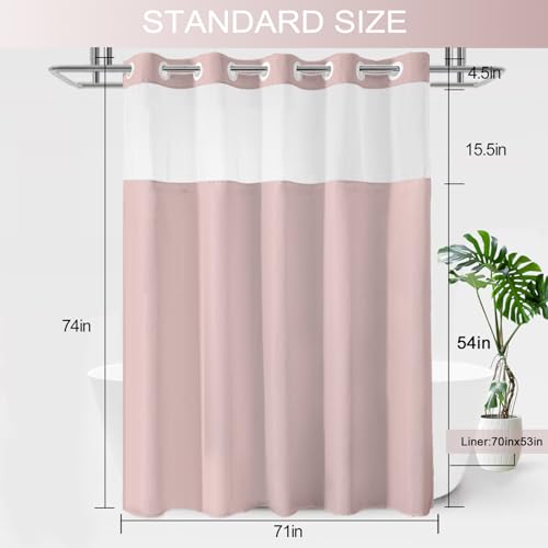 No Hook Shower Curtain with Snap in Liner, Ombre Blush Pink Shower Curtains and Liner Set, Hotel Fabric Bath Curtain for Bathroom, Mesh Top Window Waterproof Washable, 71" x 74" - color: Ombre Blush Pink, size: 71"W x 74"L (Pack of 1)