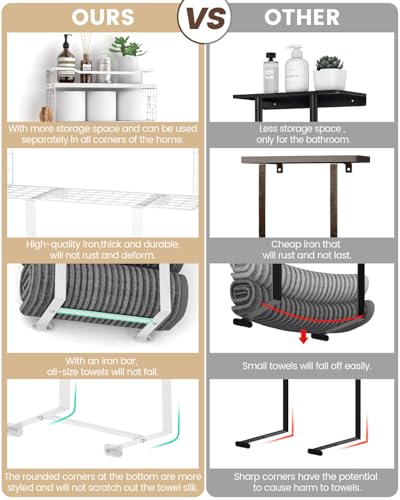 Towel Racks for Bathroom Wall Mounted - Bath Wall Towel Holder Set Above Toilet Storage, Rolled Towel Shelf Organizer for Small Bathroom All White, Wood Vertical Towel Rack for Bathroom Wall Decor - color: All White