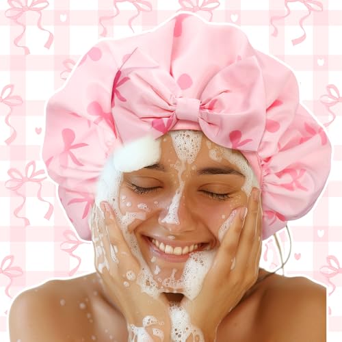 Janmercy Pink Bow Shower Cap for Women Terry Lined Shower Cap Reusable Waterproof Double Layer Bath Bonnet Adjustable Non Slip Quick Dry for Braids Long Straight Curly Hair Women Gifts - color: 3D Bow, style: Pink Bow
