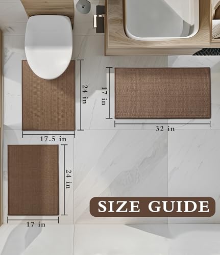 YIHOUSE Bathroom Rugs Sets 3 Pieces, Coffee Ultra Thin Bath Mats Fit Under Door, Absorbent Quickly Dry Rubber Backing Braided Bath Mat Set, Non Slip Washable Bath Rugs Mat for Bathroom Floor, Coffee - color: Coffee, size: 3pieces