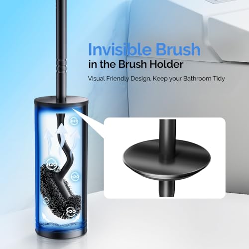 HAMITOR Toilet Brush and Holder Set: Stainless Steel Heavy Duty Bowl Cleaner Brush - Deep Cleaning Under Rim Curved Bristle - Space Saving Wall-Mounted for Home RV Bathroom Accessories Black 1 Pack - color: Black