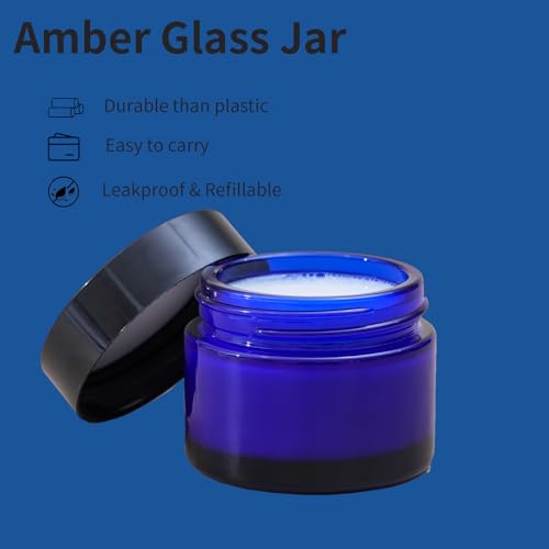 OverNews 4PCS 2oz Glass Jar Travel Size, Empty Cosmetic Lotion Container with Black Lid & Spatula, Small Mini Jar for Beauty (Blue) - color: Blue, size: 4