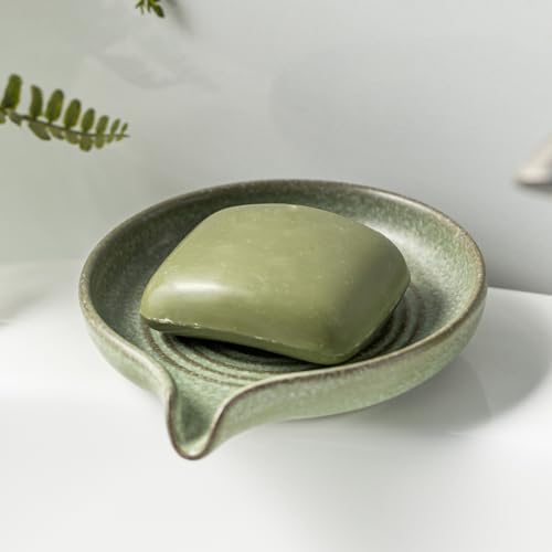 Soap Dishes, Ceramic Shower Soap Dish with Waterfall Design Bar Soap Holder Self Draining Soap Saver for Shower, Bathroom, Sink, Kitchen and Countertop, Green - color: Green, size: Round