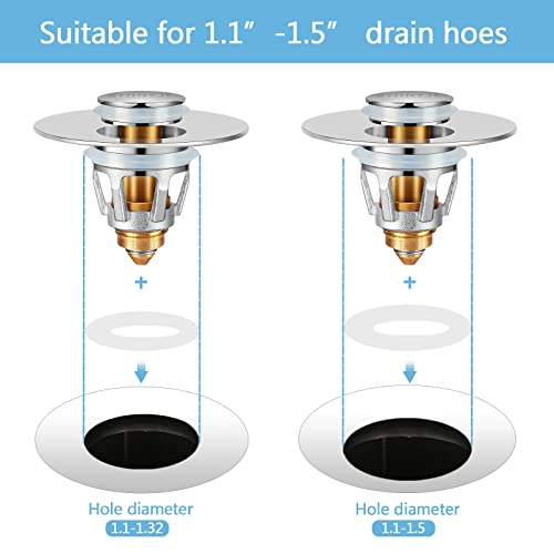 2Pcs Bathroom Sink Stoppers ，Pop Up Drain Stopper for Bathroom Sink，‎2-in-1 Sink Stopper & Strainer,Universal Wash Basin Sink Stopper，for 1.1"~1.5" Bathroom Sink Drain（Silver） - color: Silver*2