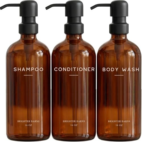 Amber Shampoo and Conditioner Dispenser Set by Brighter Barns - Body Wash and Shampoo Bottles with Pump - Refillable Plastic Shower Dispenser for Modern Bathroom Decor in Vacation Rental, Spa (Amber) - color: Amber