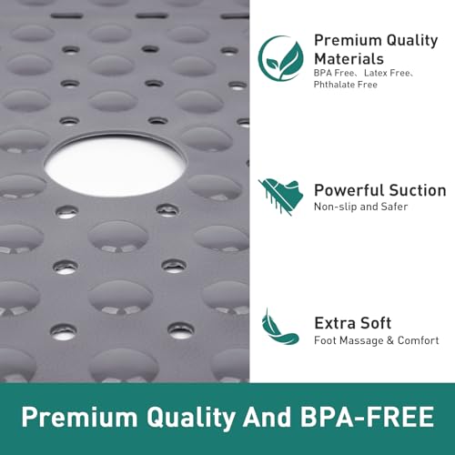 Large Square Shower Mat 27 x 27 Inch Gray, Non Slip Shower Bathtub Mats for Inside Shower with Big Suction Cups Drain Holes, Anti Slip Bathroom Floor Shower Stall Mats, Easy Clean, BPA-Free - color: Grey