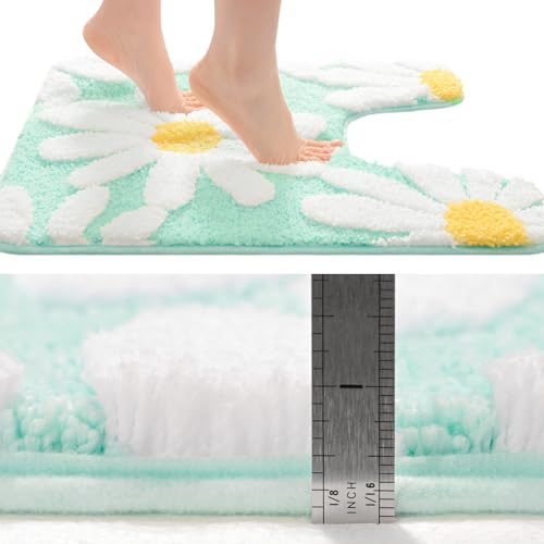 QJHOMO Bathroom Rug Set 2 Piece, Cute Daisy Bath Mat Green Toilet Rug U Shaped, Flower Deocr Bathroom Set Non Slip Contour Bathmat, Super Absorbent Microfber Floor Mats Machine Washable Carpets - color: Green, size: 1'8" x 2'8" (Rectangular & U-Shape)