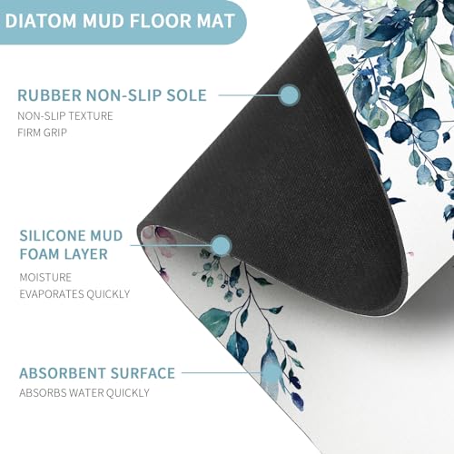 Gibelle Eucalyptus Leaves Bath Mat Rug Super Absorbent Quick Dry Thin Bathroom Rugs Fit Under Door Non Slip Rubber Backed Bathroom Floor Mat for in Front of Bathtub Sink Shower (17"x24", Blue) - color: A003, size: 17" x 24"