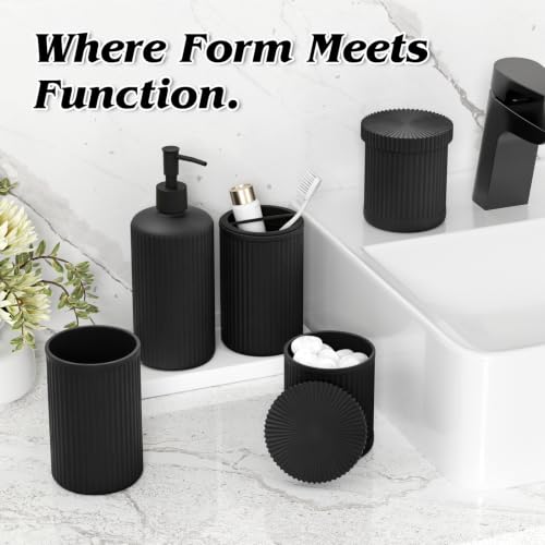 Black Glass Bathroom Accessories Set 5 Piece for Sink Countertop Organizer | Modern Bathroom Set That Organizes Sink Countertops And Keeps Soap, Toothbrushes & Daily Essentials Neat and Accessible - color: Black, size: 5 Pieces