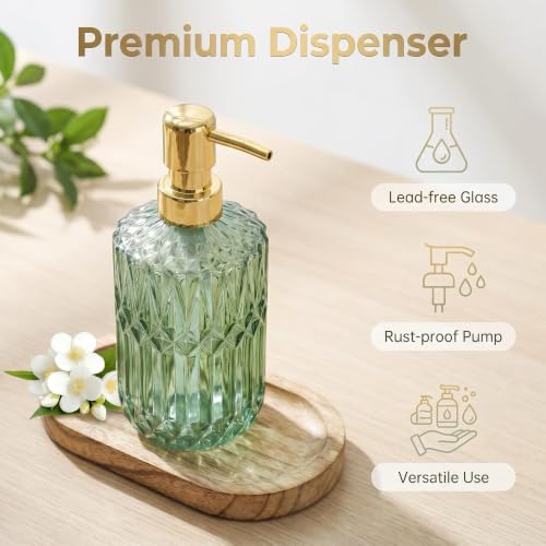 LaMarriti Green Soap Dispenser with Gold Rust Proof Pump, Refillable Clear Glass Kitchen Soap Dispenser, Lotion Dispenser Bathroom for Hands Soap, Dish Soap, Body Wash - color: Green
