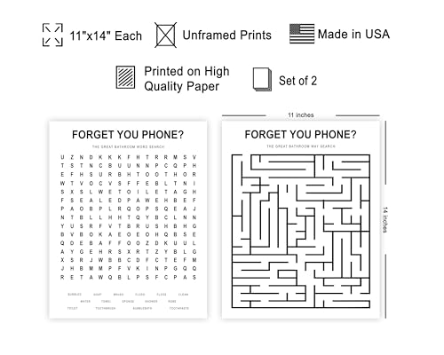 Poster Master 2-Piece Forget Your Phone Print - The Great Bathroom Word & Way Search Poster - Guest Bath Decor - Black & White Design - Powder Room Decor - Fun Restroom Sign - 11x14 UNFRAMED Wall Art - color: Style-02, size: 11"L x 14"W