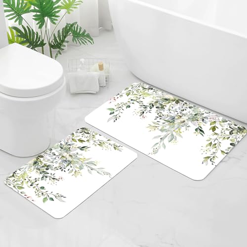 Gibelle Eucalyptus Leaves Bath Mat Rug Set 2 Piece, Super Absorbent Quick Dry Bathroom Rug Set, Non Slip Rubber Backed Bathroom Floor Mat for Tub Shower Sink (17"x24"+20"x32", Sage Green) - color: A001, size: 17" x 24" + 20" x 32"