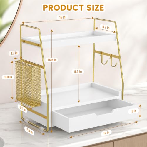 2-Tier Bathroom Counter Organizer with Drawer and Basket, Wood Vanity Countertop Storage for Perfume, Makeup, Skincare, Bathroom Counter Shelf, 13" x 7.9" x 14.5", White Gold - color: White Gold