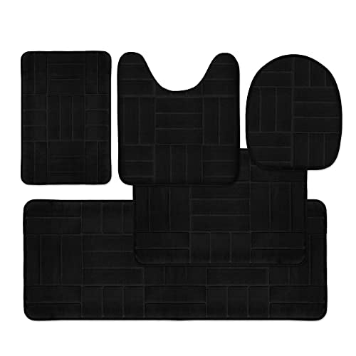 Bathroom Rug Set 5 Piece - Memory Foam Bathroom Mat Set, Soft and Comfortable, Non-Slip Thick Absorbent Bath Mats, Machine Washable, Black - color: Black/ Line