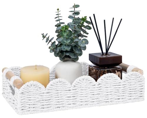 CubesLand Bathroom Basket Organizer w/Cut Out Handle, Back of Toilet Paper Storage Baskets for Bathroom Countertop Decorative, Small Scalloped Wicker Basket Also for Home Decor, Living Room, White - color: White, size: 13" (L) x 6.3" (W) x 3.15" (H)