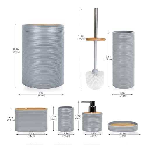 CERBIOR Bathroom Accessories Set 6 Piece Bamboo Bath Ensemble Includes Soap Dispenser, Toothbrush Holder, Toothbrush Cup, Soap Dish for Decorative Countertop and Housewarming Gift, Sriral Grey - style: Grey