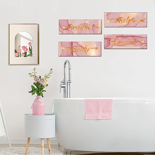 Lnond 4 Pieces Pink Gold Marble Bathroom Wall Decor, Relax Soak Unwind Breathe Signs Decor, Wood Hanging Wall Art for Bathroom Spa Room (12 x 4 Inch