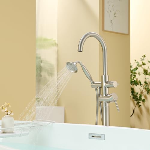 Wowkk Tub Filler Freestanding Bathtub Faucet Brushed Nickel Floor Mounted Brass Bathroom Tub Faucets with Hand Shower - color: Brushed Nickel