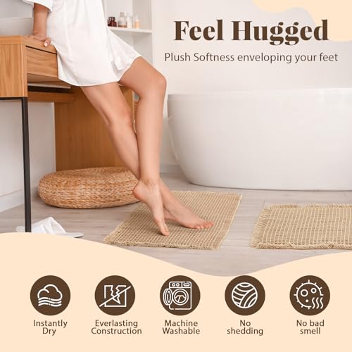 Tinideya Waffle Bath Mat Set of 2 Ultra Absorbent Non-Slip Bathroom Rugs Machine Washable Quick Dry for Shower Bathroom Kitchen Floor, Low Profile Fits Under Door, 18 x 30'' + 24 x 36''(Brown)