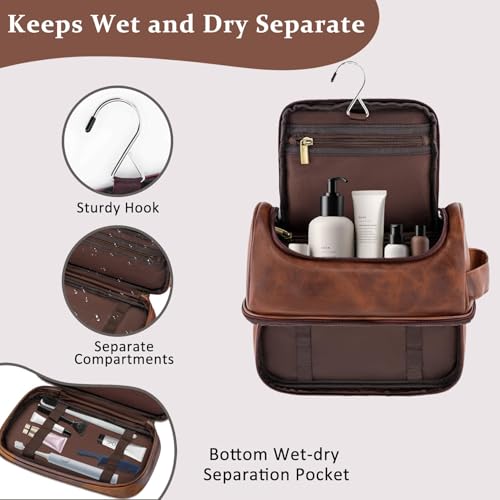 Personalized Christmas Birthday Gifts Toiletry Bag for Men Dad Husband, Custom Initial PU Leather Waterproof Toiletry Organizer Dopp Kit Shaving Bag Travel Essential for Men, Reddish Brown J - color: Reddish Brown, style: J