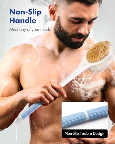 Back Scrubber Body Shower Brush: Anti Slip Long Handle Bath Brush with Stiff and Soft Bristles - Showering Exfoliator Wet or Dry Brushing for Women, Men, Elderly (Blue) - size: Long Handle 18.1 in-Blue