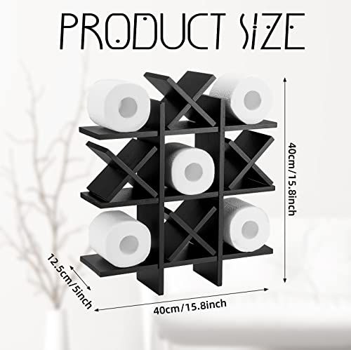 Weysat Tic Tac Toe Toilet Paper Holder Stand Bathroom Wall Decor Rustic Wooden Hanging Storage Freestanding Wall Mounted Shelves Decor for Toilet Tissue Farmhouse - color: Black