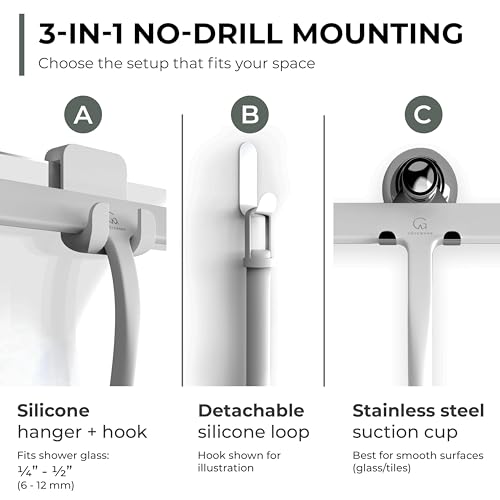 GÜTEWERK Silicone Shower Squeegee for Glass Doors & Mirrors with Stainless Steel Core, Streak-Free & No-Squeak Window Cleaning, 3-in-1 No-Drill Mount (Hook/Suction/Adhesive),White, 9 Inches - color: White, size: 9 Inches