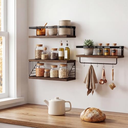 Fixwal Wall Mounted Bathroom Shelves Over Toilet, Rustic Wood Floating Shelves with Metal Frame and Towel Bar for Bathroom, Kitchen, Bedroom, Living Room (3 Plus 1 Dark Brown) - color: 6-dark Brown
