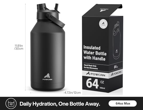 POWCAN 64 oz Insulated Water Bottle with 2-in-1 Straw and Spout Lid, Keep Cold 24H, Leak-Proof, BPA-Free, Double Wall Stainless Steel Water Bottle for Sports, Gym, Travel, and School (Dark Knight) - color: Dark Knight, size: 64 Ounces