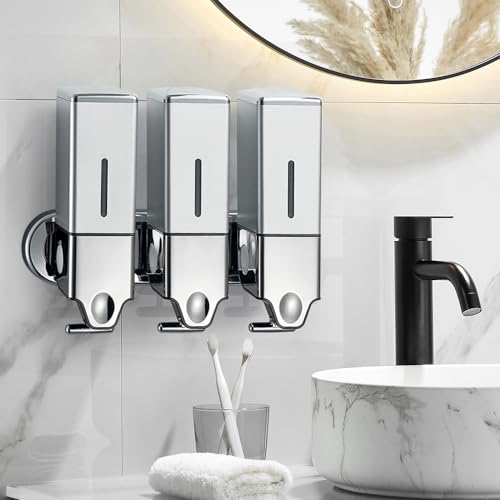No-Drill 3 Pack 500ml Wall Mounted Soap Dispenser for Bathroom and Kitchen, Shampoo and Conditioner Dispenser Drill Free with Adhesive(Square-Silve) - color: Silver-2