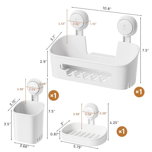 LEVERLOC Shower Caddy Suction Cup Set Shower Organizer & Soap Holder & Toothbrush Holder, Bathroom Shelf Basket NO-Drilling, Removable Suction Storage Waterproof Bathroom Caddy, White - color: White