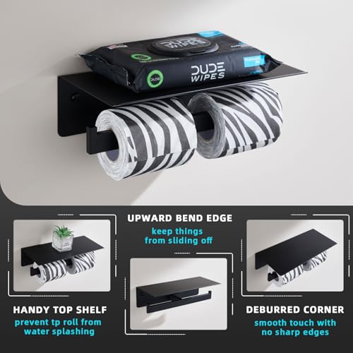 Angle Simple Matte Black Toilet Paper Holder with Shelf, 304 Stainless Steel Double Toilet Tissue Roll Holder for Wall - color: Matte Black, size: Double Rod