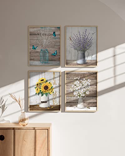 HAUS AND HUES Flower Wall Decor - Set of 4 Floral Wall Art, Floral Wall Decor, Flower Wall Art, Flower Painting with Frame, Floral Pictures Wall Decor, Flower Pictures Wall Decor (Beige Frame, 16x20) - color: Farmhouse Bouquets, size: 16x20, style: Beige