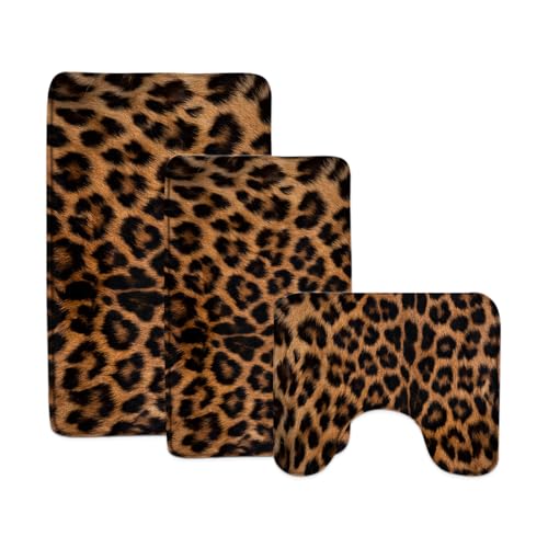 Leopard Print 3 Piece Bathroom Mat Sets,Brown Black Cheetah Animal Wildlife Vintage Bath Toilet Rugs,24"x36"and 24"x48"and U Shaped 21"x17"(Low Pile) - size: 24"x36" and 24"x48" and U-Shape