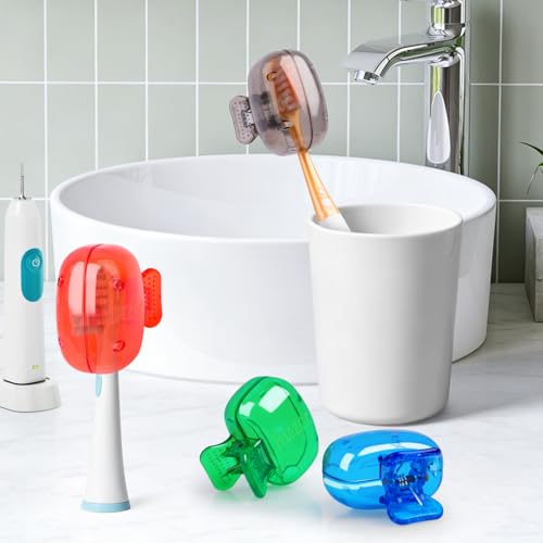 Hxezoc 4 Pack Toothbrush Covers Toothbrush Holders Toothbrush Protector Cap Brush Pod Case Protective Portable Plastic Clip for Household Travel, Camping, Bathroom, School, Business - color: Blue, Green, Grey, Red
