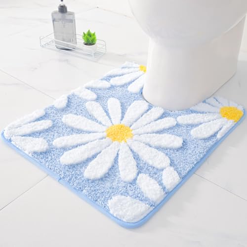 QJHOMO Toilet Rugs U Shaped, Blue Toilet Mat Cute Daisy Contour Bath Rug 20"x24", Extra Thick Soft Machine Washable Toilet Carpet, Non Slip Bathroom Floor Mats Super Absorbent Microfiber Bath Rugs - color: Blue, size: 1'8" x 2' (U-Shape)