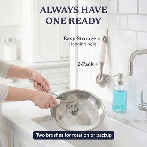 Farberware Dish Brush with Handle, 2 Pack, Firm Bristles | Kitchen scrub brush and dish scrubber removes grease, reaches pot and pan edges, 9in, round head, soft-grip design - color: Beige/Tan