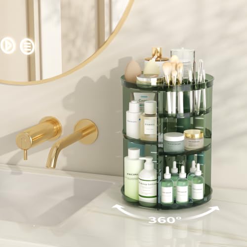 Rotating Makeup Organizer, DIY 8 Adjustable Layers Spinning Skincare Storage, Cosmetic Display Case with Brush Holder and Perfume Tray, Multi-Function Vanity Bathroom Countertop Organizer Clear Green - color: Clear Green