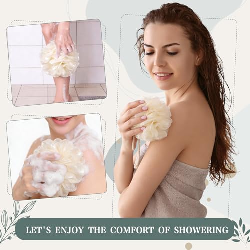 4 Pcs Back Scrubber Showers Set Bath Sponge Loofah Back Scrubber for Men Women Bathing Accessories Includes 1 Long Handled Shower Sponge 1 Bath Shower Luffa Pouf 2 Hooks to Hang Stuff
