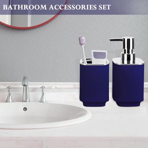 Navy Blue Bathroom Accessories 2 Pieces, Soap Dispenser and Toothbrush Holder Set for Boho Bathroom - color: Navy Blue, size: 2PCS