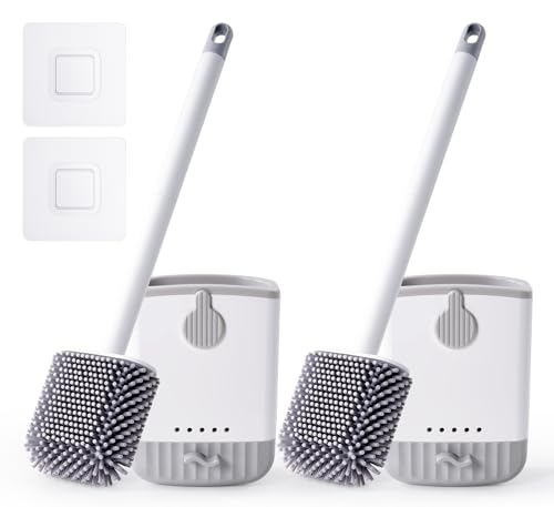 HONOVA Silicone Toilet Bowl Brush with Holder, 2 Pack, White | Ventilated Holder, Floor Standing & Wall Mounted, Toilet Cleaner Brush for RV Travel, Camper, Family Bathroom - style: 2 Pack