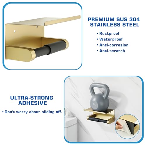 Alise Toilet Paper Holder Adhesive Toilet Paper Roll Holder SUS304 Stainless Steel Toilet Paper Holder with Shelf Spring Loaded Tissue Holder Wall Mount(Adhesive or Screw),Gold and Black Finish - color: Gold and Black, size: with Shelf